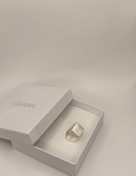 Silver ring in a white box on a light gray background