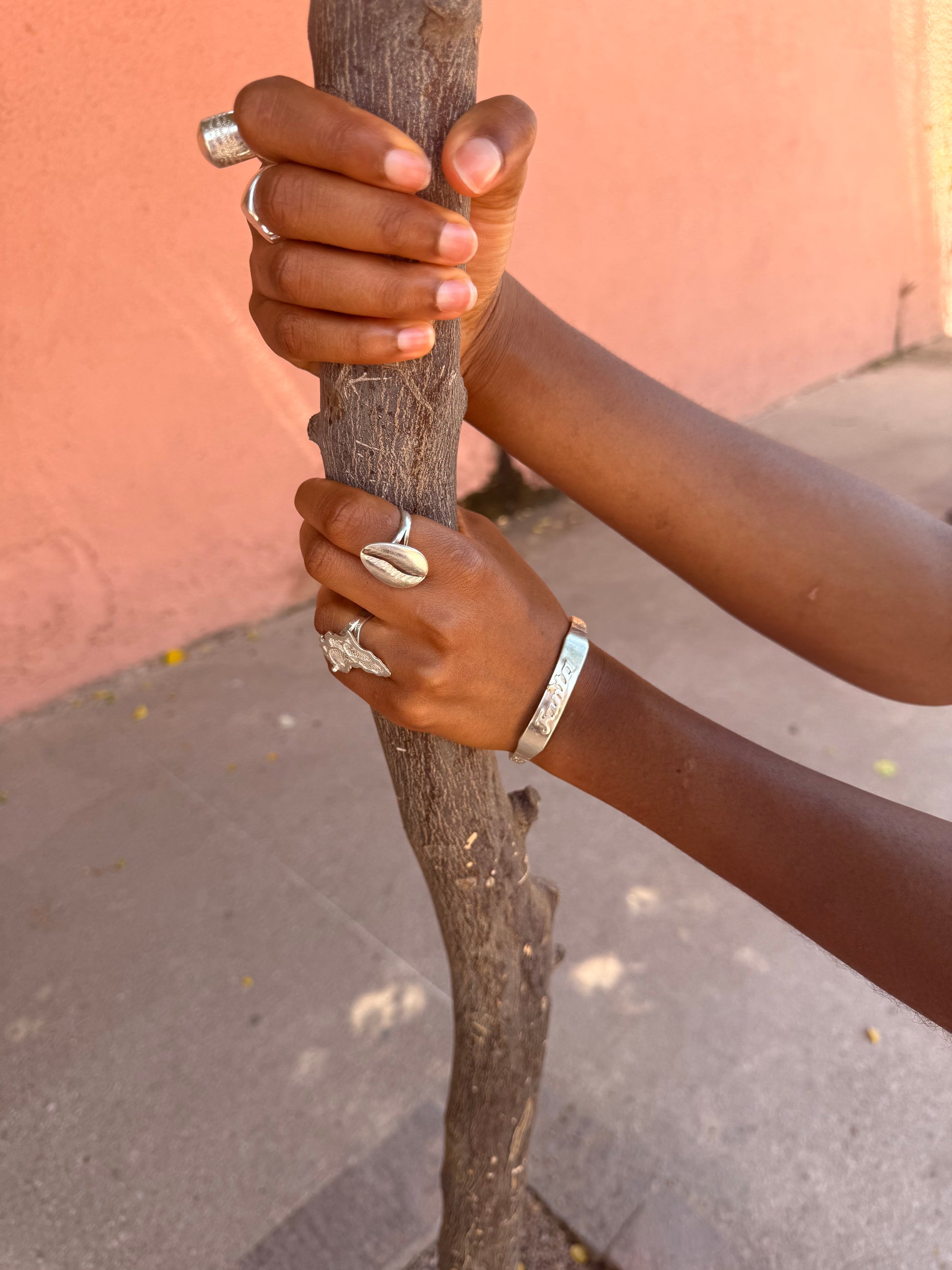 hand holding tree with diffrent jewllery and stering silver bracelet