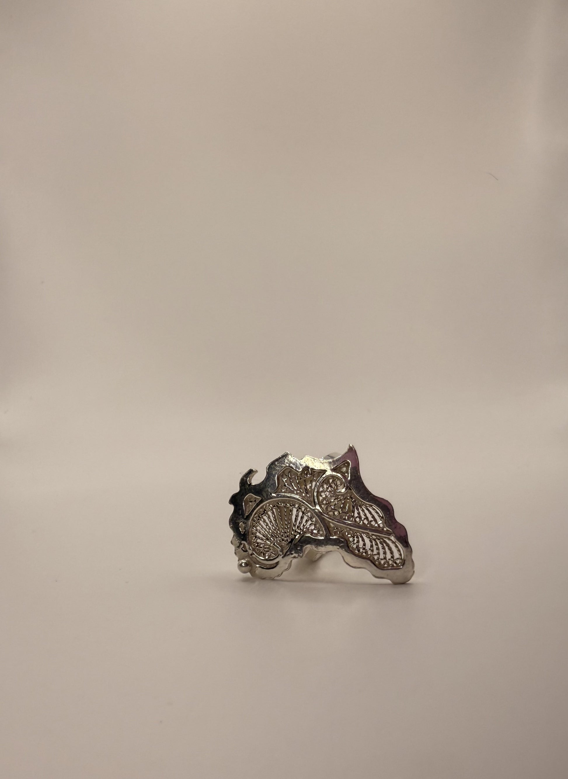Close-up of Doomi Afrik 925 silver statement ring with white background.